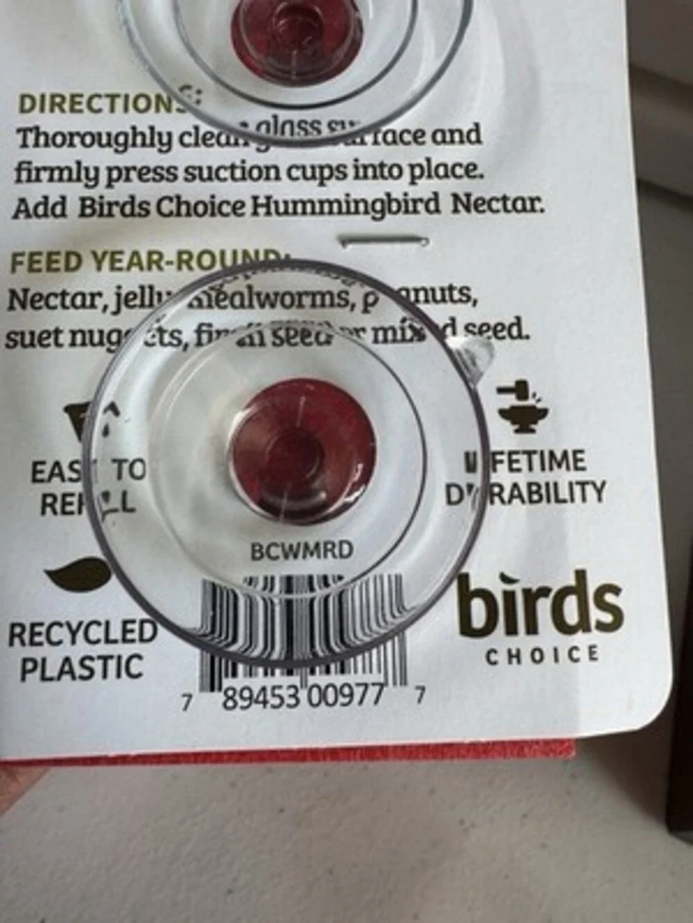 Birds Choice Hummingbird Window Nectar Feeder Recycled Plastic Easy Refill Red